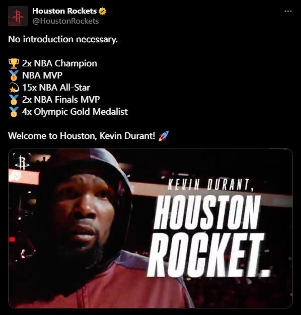 火箭官方列杜兰特生涯履历：无需过多介绍！欢迎来到休斯敦